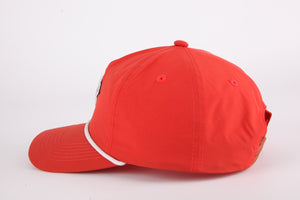 Side view of Blood Orange NVR5TOP Hat – adjustable string streetwear design