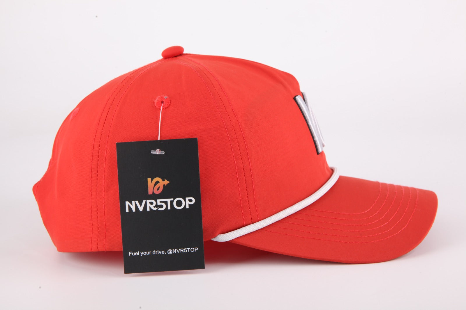 Side view of Blood Orange NVR5TOP Hat – adjustable string streetwear design